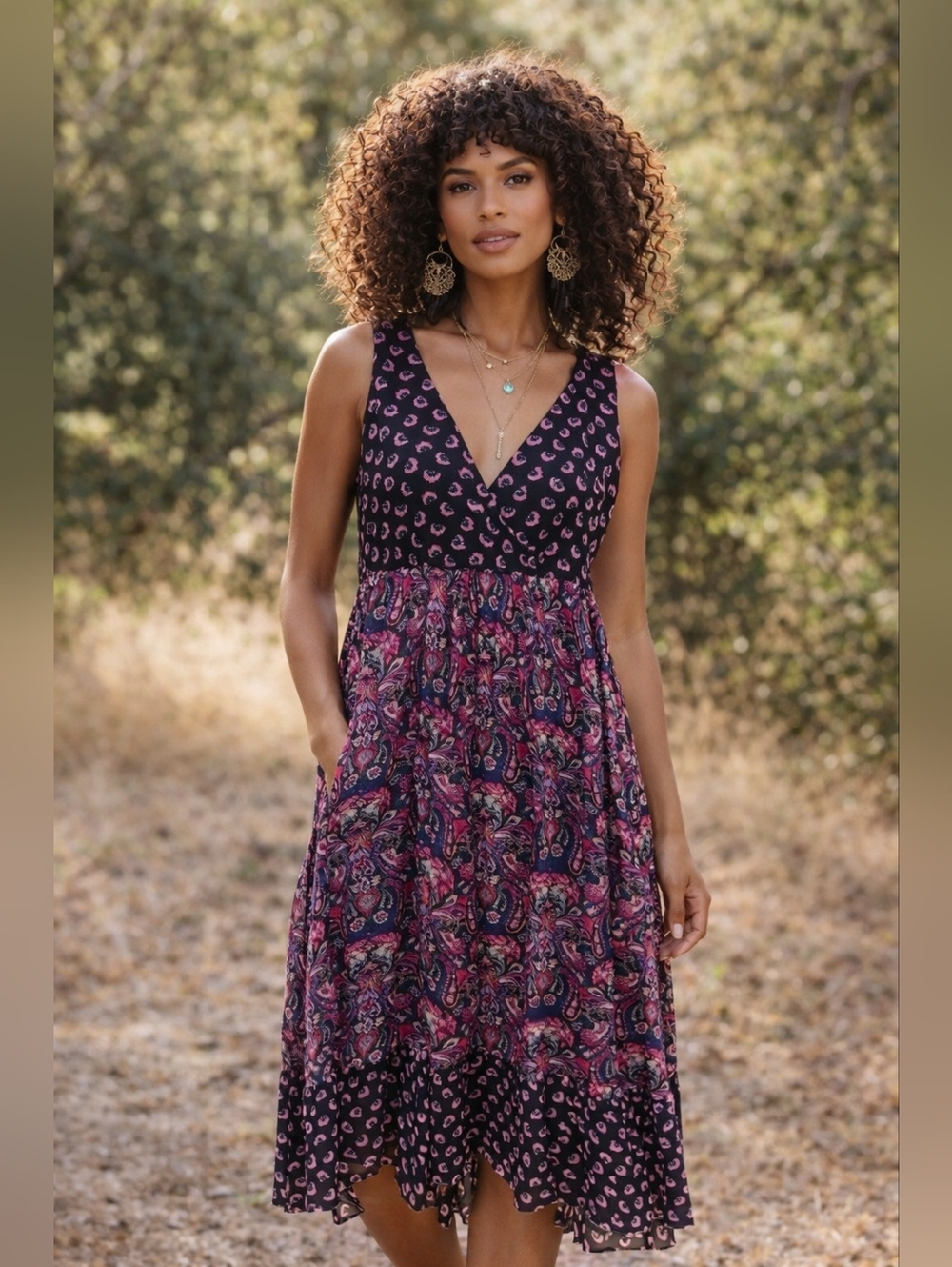 Charter Club Pink and Black Paisley V-Neck Midi Dress